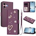 Ốp điện thoại da thuần chay hai lớp họa tiết hoa tim ZS01 có dây đeo tay, dành cho iPhone 16 Pro, iPhone 16 Plus, iPhone 16, iPhone 15 Pro Max, iPhone 15 Pro, iPhone 15 Plus