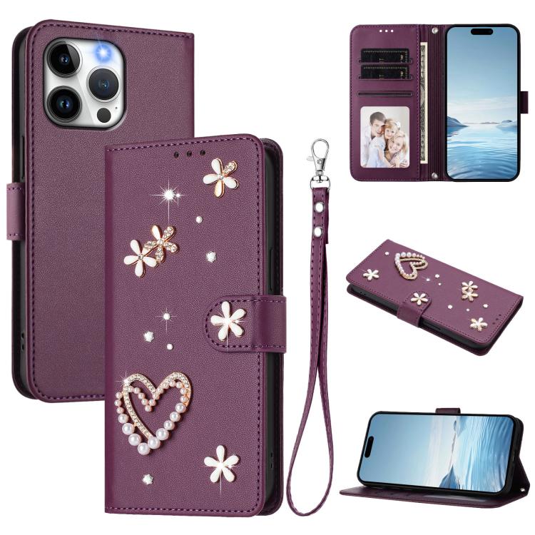 Ốp điện thoại da thuần chay hai lớp họa tiết hoa tim ZS01 có dây đeo tay, dành cho iPhone 16 Pro, iPhone 16 Plus, iPhone 16, iPhone 15 Pro Max, iPhone 15 Pro, iPhone 15 Plus