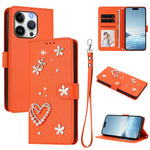 Ốp điện thoại da thuần chay hai lớp họa tiết hoa tim ZS01 có dây đeo tay, dành cho iPhone 16 Pro, iPhone 16 Plus, iPhone 16, iPhone 15 Pro Max, iPhone 15 Pro, iPhone 15 Plus