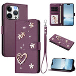 Ốp điện thoại da thuần chay hai lớp họa tiết hoa tim ZS01 có dây đeo tay, dành cho iPhone 16 Pro, iPhone 16 Plus, iPhone 16, iPhone 15 Pro Max, iPhone 15 Pro, iPhone 15 Plus