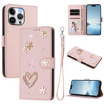 Ốp điện thoại da thuần chay hai lớp họa tiết hoa trái tim ZS01 kèm dây đeo tay, dành cho iPhone 15, dành cho iPhone 14 Plus, dành cho iPhone 14 / 13, dành cho iPhone 14 Pro, dành cho iPhone 14 Pro Max, dành cho iPhone 13 Pro Max