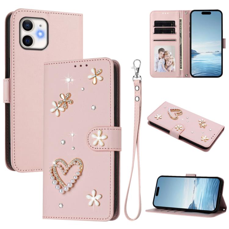 Ốp điện thoại da thuần chay hai lớp họa tiết hoa trái tim ZS01 kèm dây đeo tay, dành cho iPhone 13 Pro, dành cho iPhone 12 / 12 Pro, dành cho iPhone 12 Pro Max, dành cho iPhone 11 Pro Max, dành cho iPhone 11, dành cho iPhone 11 Pro