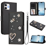 Ốp điện thoại da thuần chay hai lớp họa tiết hoa trái tim ZS01 kèm dây đeo tay, dành cho iPhone 13 Pro, dành cho iPhone 12 / 12 Pro, dành cho iPhone 12 Pro Max, dành cho iPhone 11 Pro Max, dành cho iPhone 11, dành cho iPhone 11 Pro