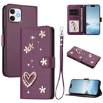 Ốp điện thoại da thuần chay hai lớp họa tiết hoa trái tim ZS01 kèm dây đeo tay, dành cho iPhone 13 Pro, dành cho iPhone 12 / 12 Pro, dành cho iPhone 12 Pro Max, dành cho iPhone 11 Pro Max, dành cho iPhone 11, dành cho iPhone 11 Pro