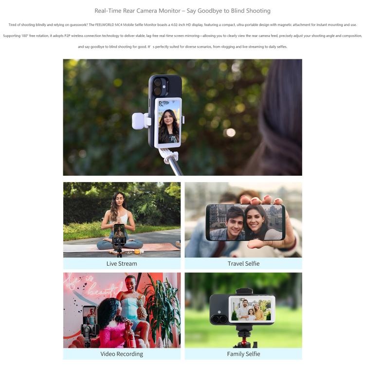 Màn hình selfie FEELWORLD MC4 cho vlog, livestream, kết nối không dây từ tính, có điều khiển từ xa