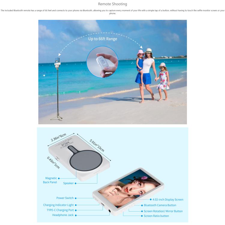 Màn hình selfie FEELWORLD MC4 cho vlog, livestream, kết nối không dây từ tính, có điều khiển từ xa