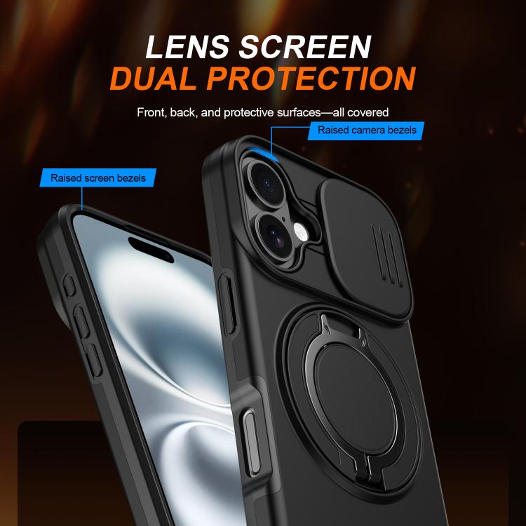 Camera Sliding Shield Magnetic Rotation Holder Phone Case, For iPhone 16 Plus, For iPhone 16, For iPhone 15 Pro Max, For iPhone 15 Pro, For iPhone 15 Plus / 14 Plus, For iPhone 15