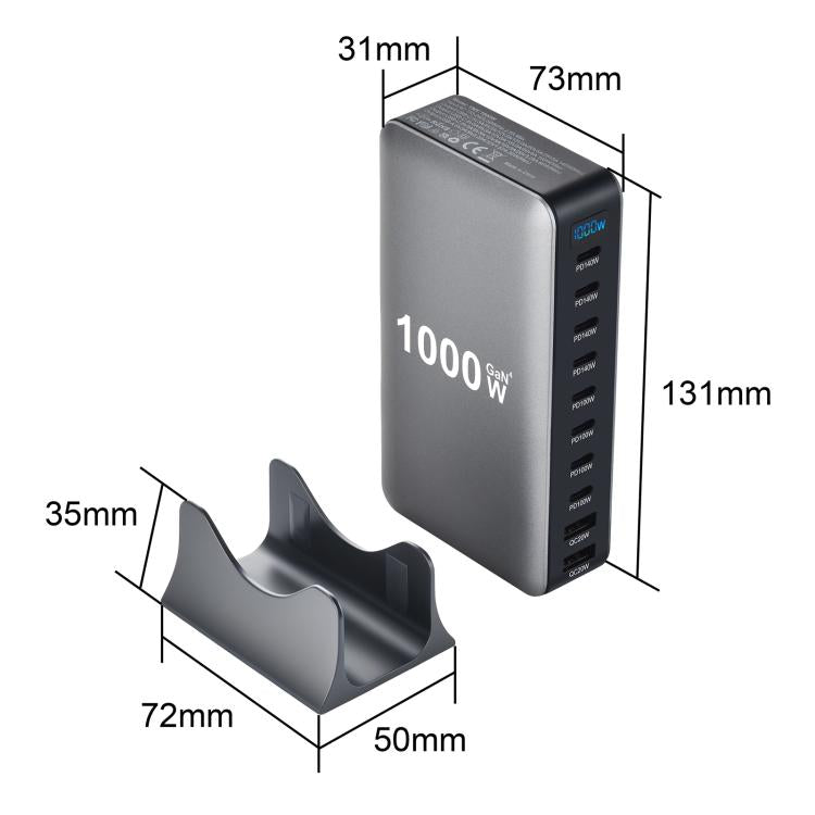 Bộ sạc đa năng YMX-1000W 1000W 8 cổng Type-C và 2 cổng USB 10 cổng hiển thị kỹ thuật số, Phích cắm AU, EU, UK, US