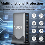 Bộ sạc đa năng YMX-1000W 1000W 8 cổng Type-C và 2 cổng USB 10 cổng hiển thị kỹ thuật số, Phích cắm AU, EU, UK, US