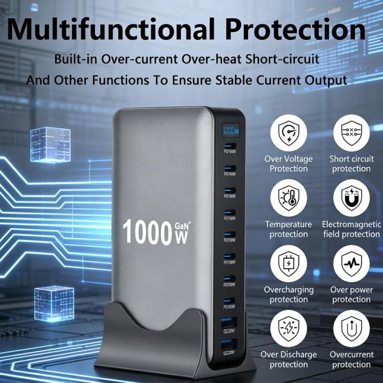 Bộ sạc đa năng YMX-1000W 1000W 8 cổng Type-C và 2 cổng USB 10 cổng hiển thị kỹ thuật số, Phích cắm AU, EU, UK, US