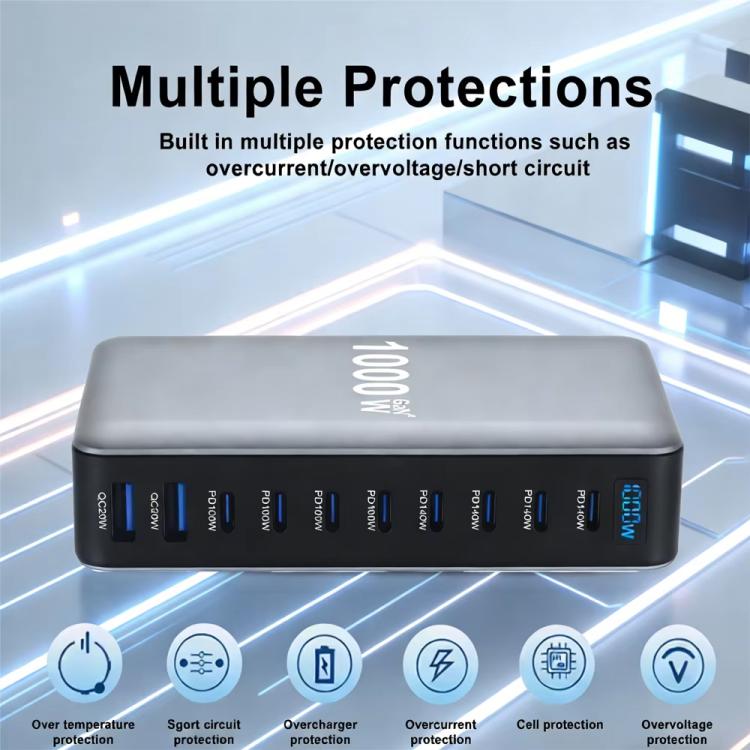 Bộ sạc đa năng YMX-1000W 1000W 8 cổng Type-C và 2 cổng USB 10 cổng hiển thị kỹ thuật số, Phích cắm AU, EU, UK, US