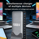 Bộ sạc đa năng YMX-1000W 1000W 8 cổng Type-C và 2 cổng USB 10 cổng hiển thị kỹ thuật số, Phích cắm AU, EU, UK, US