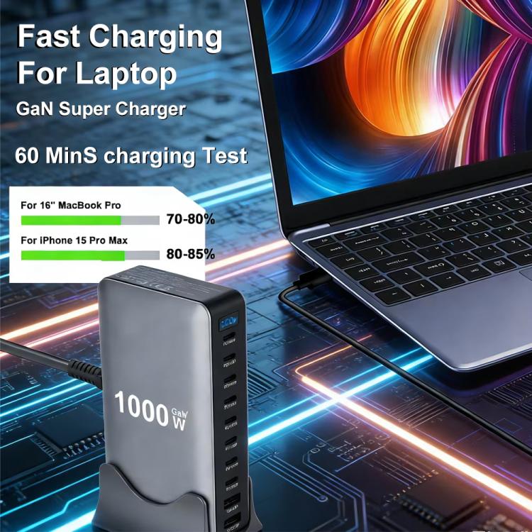 Bộ sạc đa năng YMX-1000W 1000W 8 cổng Type-C và 2 cổng USB 10 cổng hiển thị kỹ thuật số, Phích cắm AU, EU, UK, US