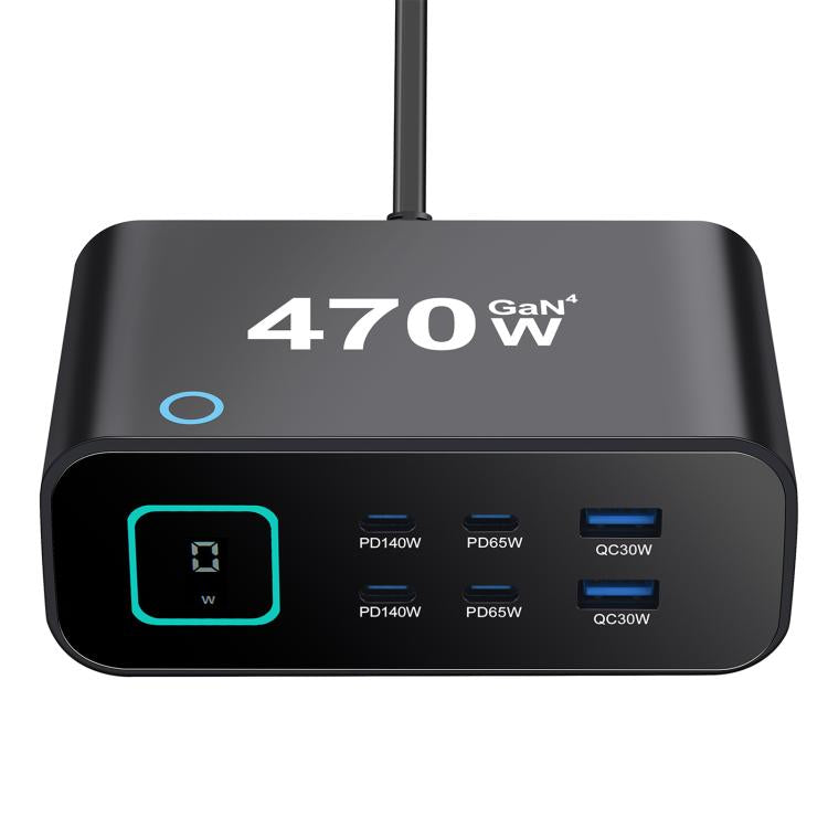 Bộ sạc đa chức năng YMX-615-LCD470W 470W 4 cổng Type-C và 2 cổng USB GaN, Phích cắm AU, EU, UK, US