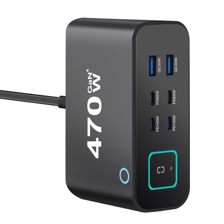 Bộ sạc đa chức năng YMX-615-LCD470W 470W 4 cổng Type-C và 2 cổng USB GaN, Phích cắm AU, EU, UK, US