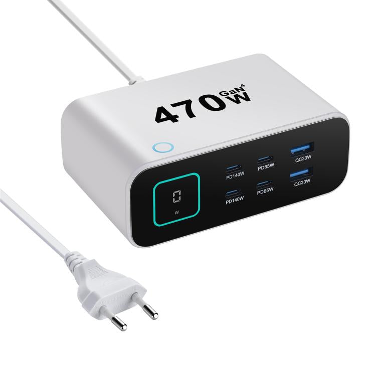 Bộ sạc đa chức năng YMX-615-LCD470W 470W 4 cổng Type-C và 2 cổng USB GaN, Phích cắm AU, EU, UK, US