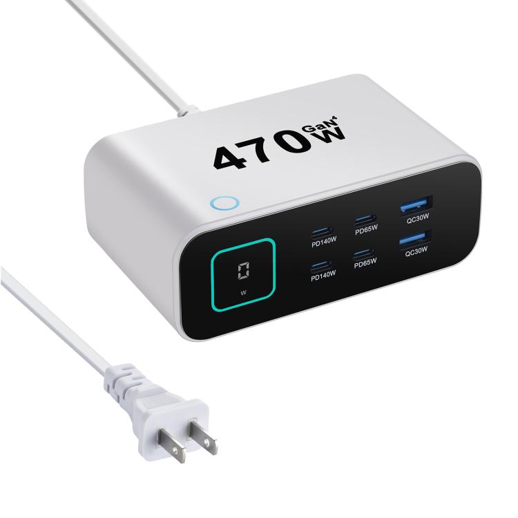 Bộ sạc đa chức năng YMX-615-LCD470W 470W 4 cổng Type-C và 2 cổng USB GaN, Phích cắm AU, EU, UK, US