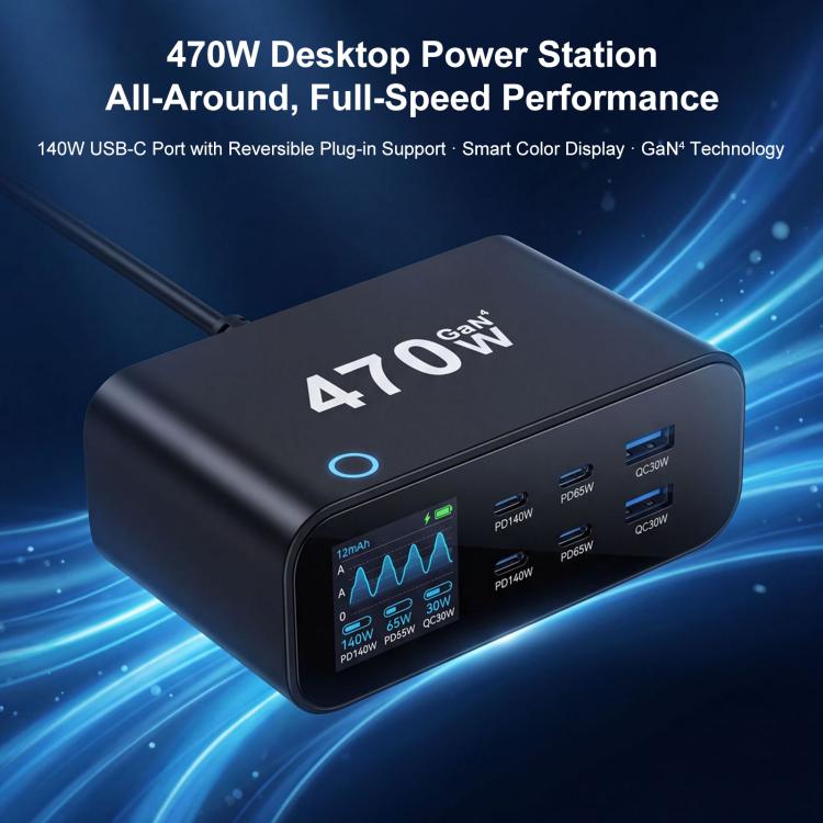 Bộ sạc đa chức năng YMX-615-LCD470W 470W 4 cổng Type-C và 2 cổng USB GaN, Phích cắm AU, EU, UK, US