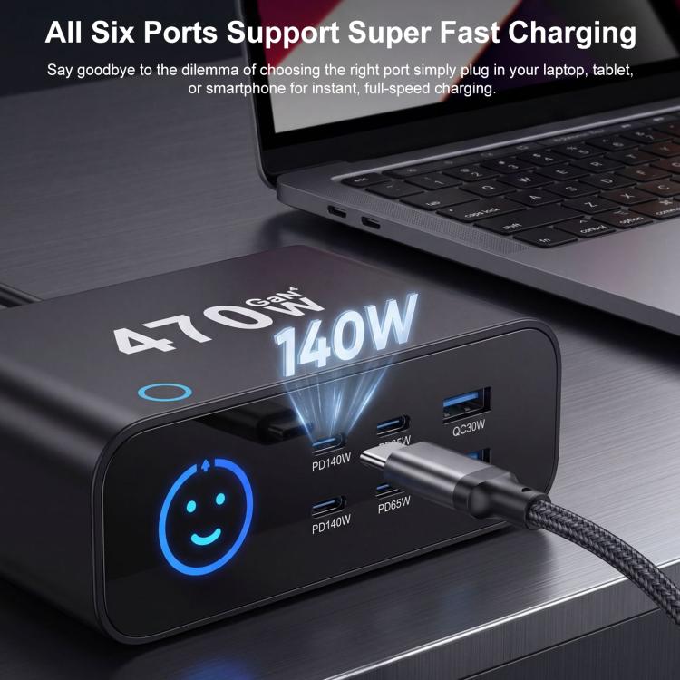 Bộ sạc đa chức năng YMX-615-LCD470W 470W 4 cổng Type-C và 2 cổng USB GaN, Phích cắm AU, EU, UK, US