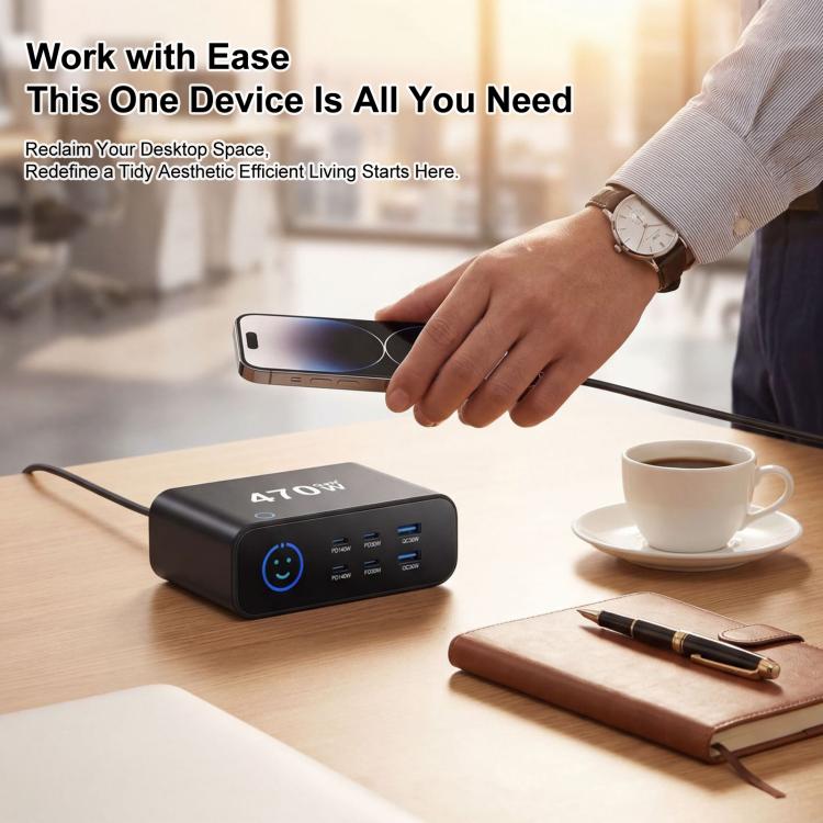 Bộ sạc đa chức năng YMX-615-LCD470W 470W 4 cổng Type-C và 2 cổng USB GaN, Phích cắm AU, EU, UK, US
