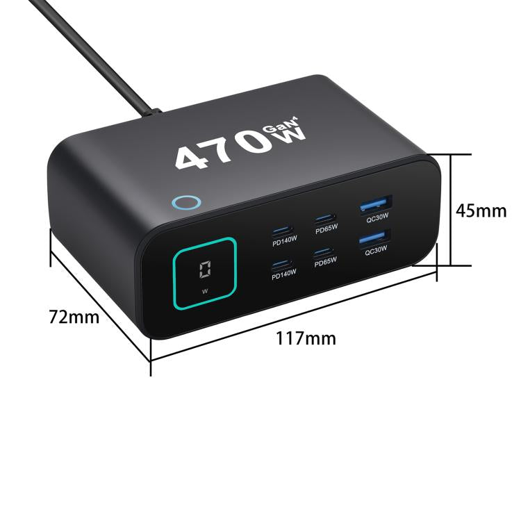 Bộ sạc đa chức năng YMX-615-LCD470W 470W 4 cổng Type-C và 2 cổng USB GaN, Phích cắm AU, EU, UK, US