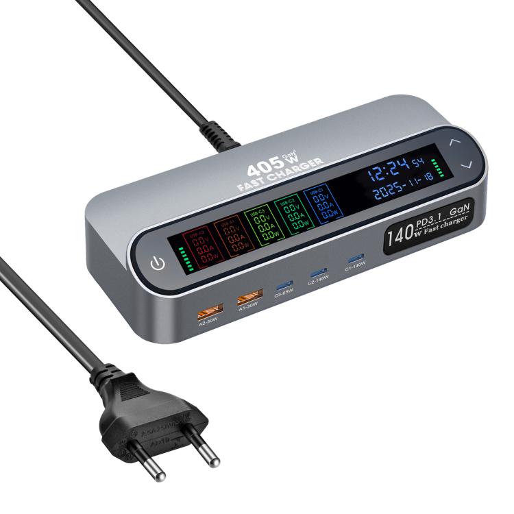 Bộ sạc đa chức năng thông minh YMX-LCD405W 405W 3 cổng Type-C và 2 cổng USB GaN hiển thị kỹ thuật số, Phích cắm AU, EU, UK, US