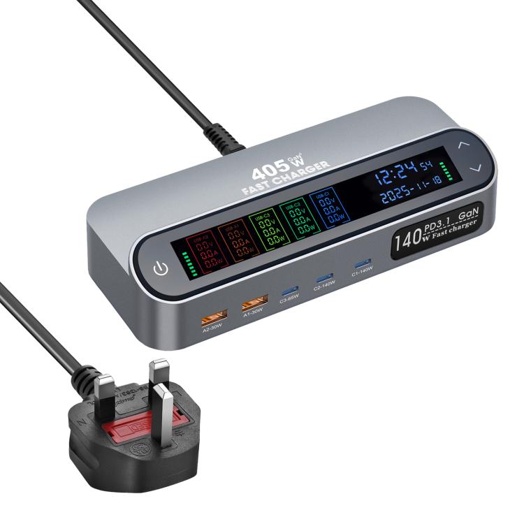 Bộ sạc đa chức năng thông minh YMX-LCD405W 405W 3 cổng Type-C và 2 cổng USB GaN hiển thị kỹ thuật số, Phích cắm AU, EU, UK, US