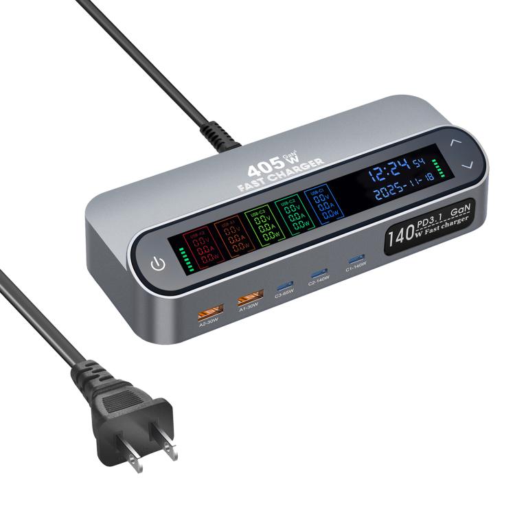 Bộ sạc đa chức năng thông minh YMX-LCD405W 405W 3 cổng Type-C và 2 cổng USB GaN hiển thị kỹ thuật số, Phích cắm AU, EU, UK, US