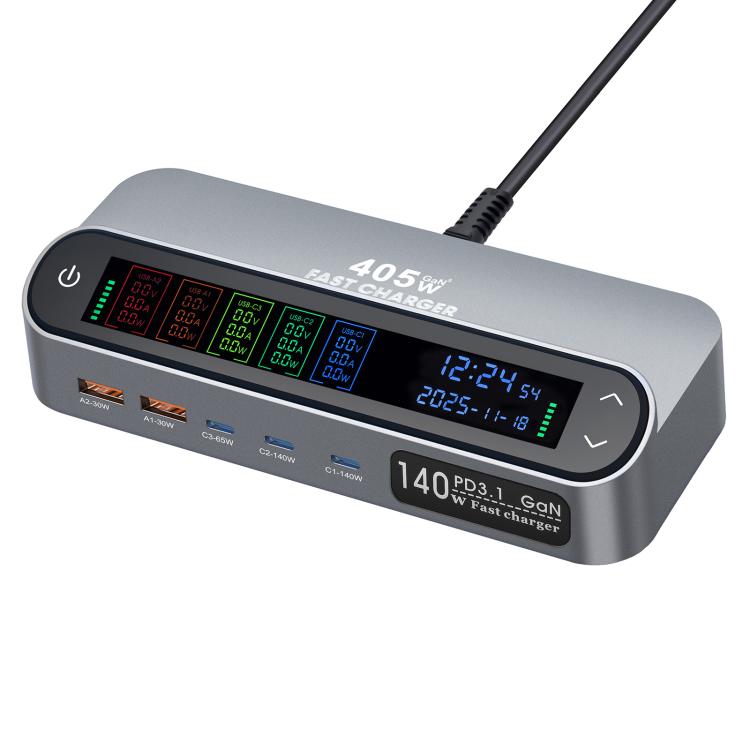 Bộ sạc đa chức năng thông minh YMX-LCD405W 405W 3 cổng Type-C và 2 cổng USB GaN hiển thị kỹ thuật số, Phích cắm AU, EU, UK, US
