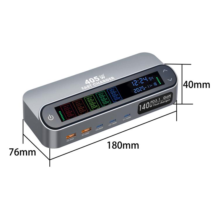 Bộ sạc đa chức năng thông minh YMX-LCD405W 405W 3 cổng Type-C và 2 cổng USB GaN hiển thị kỹ thuật số, Phích cắm AU, EU, UK, US