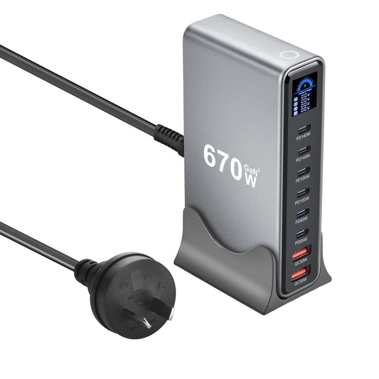 Bộ sạc đa chức năng YMX-LCD670W 670W 6 cổng Type-C và 2 cổng USB GaN hiển thị kỹ thuật số, Phích cắm AU, EU, UK, US