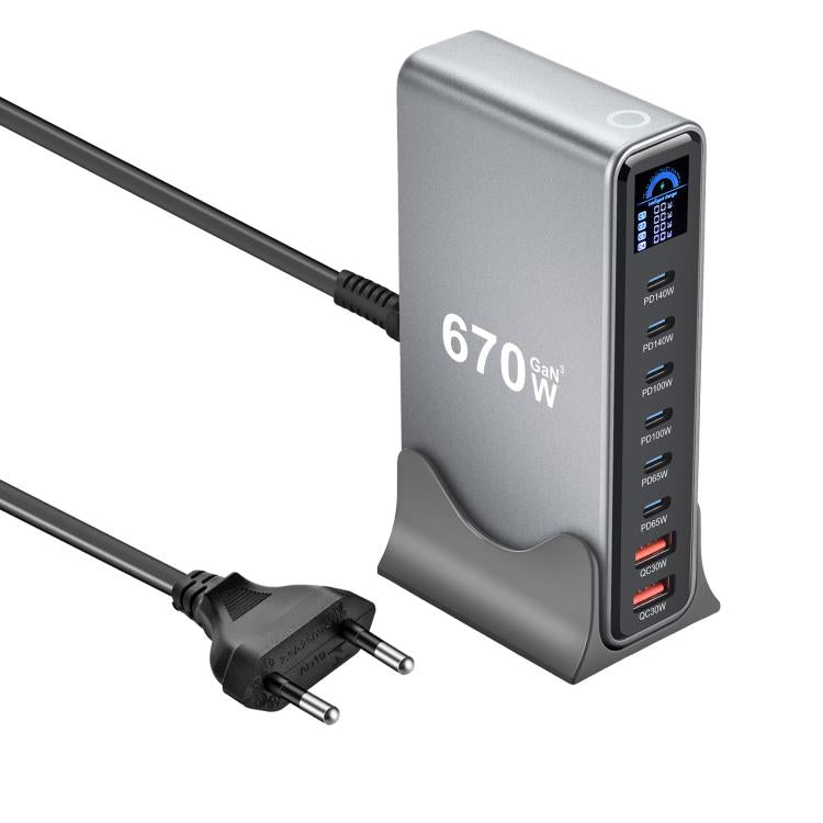 Bộ sạc đa chức năng YMX-LCD670W 670W 6 cổng Type-C và 2 cổng USB GaN hiển thị kỹ thuật số, Phích cắm AU, EU, UK, US