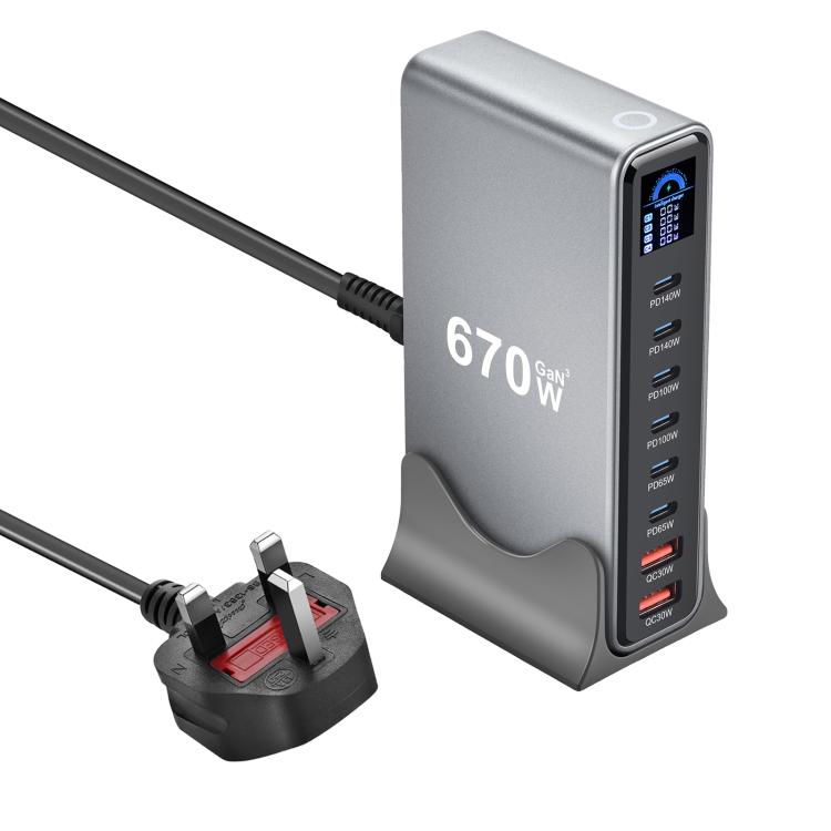 Bộ sạc đa chức năng YMX-LCD670W 670W 6 cổng Type-C và 2 cổng USB GaN hiển thị kỹ thuật số, Phích cắm AU, EU, UK, US