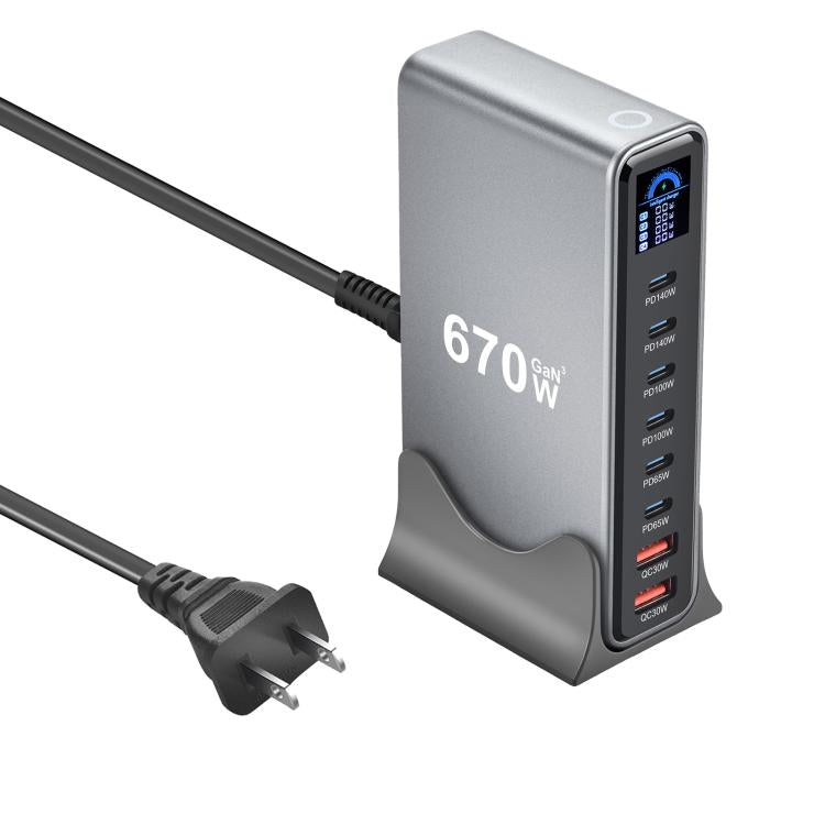 Bộ sạc đa chức năng YMX-LCD670W 670W 6 cổng Type-C và 2 cổng USB GaN hiển thị kỹ thuật số, Phích cắm AU, EU, UK, US