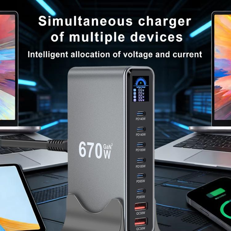 Bộ sạc đa chức năng YMX-LCD670W 670W 6 cổng Type-C và 2 cổng USB GaN hiển thị kỹ thuật số, Phích cắm AU, EU, UK, US