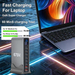 Bộ sạc đa chức năng YMX-LCD670W 670W 6 cổng Type-C và 2 cổng USB GaN hiển thị kỹ thuật số, Phích cắm AU, EU, UK, US