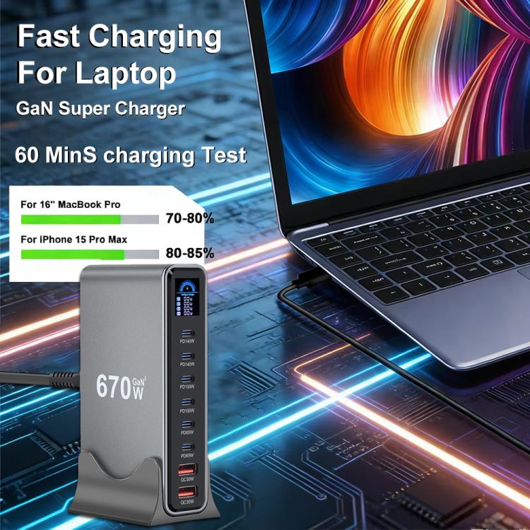 Bộ sạc đa chức năng YMX-LCD670W 670W 6 cổng Type-C và 2 cổng USB GaN hiển thị kỹ thuật số, Phích cắm AU, EU, UK, US