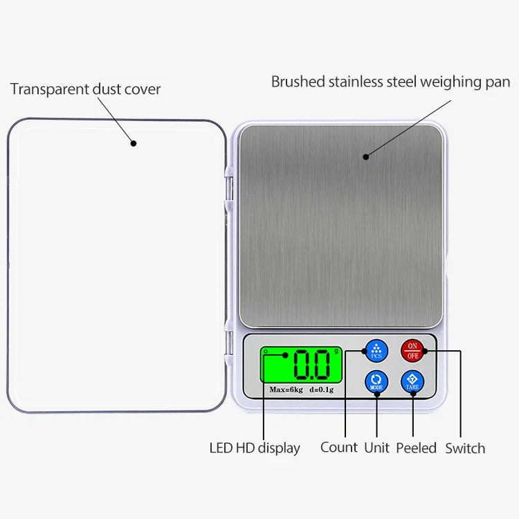 Cân điện tử nhà bếp kỹ thuật số di động MH-555 6Kg x 0.1g độ chính xác cao với màn hình LCD 2.2 inch, 6000g/0.1g