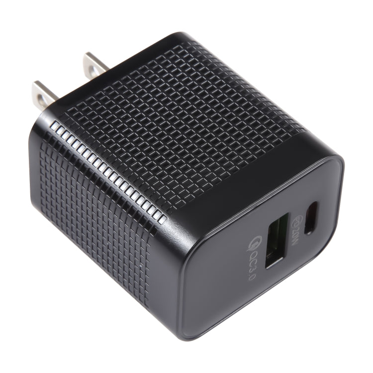 Bộ sạc du lịch PD 20W USB-C/Type-C + cổng USB QC 3.0 họa tiết caro, phích cắm US, phích cắm US (Màu đen)