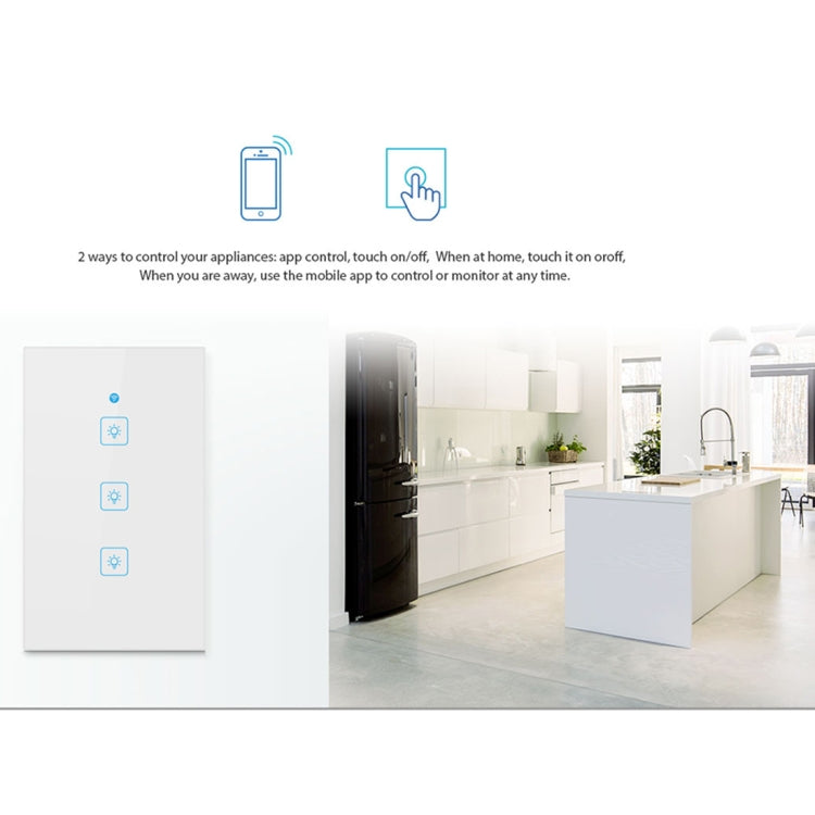Công tắc tường thông minh WS-US-02 điều khiển qua APP EWeLink & cảm ứng, 2A 2 kênh kính cường lực, AC 90V-250V, phích cắm US, 2 kênh