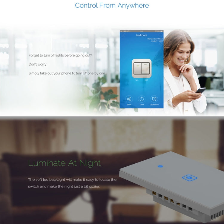Công tắc tường thông minh WS-US-02 điều khiển qua APP EWeLink & cảm ứng, 2A 2 kênh kính cường lực, AC 90V-250V, phích cắm US, 2 kênh