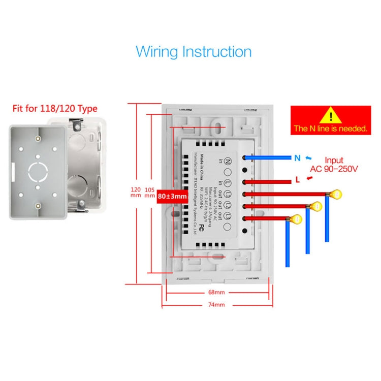 Công tắc tường thông minh WS-US-02 điều khiển qua APP EWeLink & cảm ứng, 2A 2 kênh kính cường lực, AC 90V-250V, phích cắm US, 2 kênh