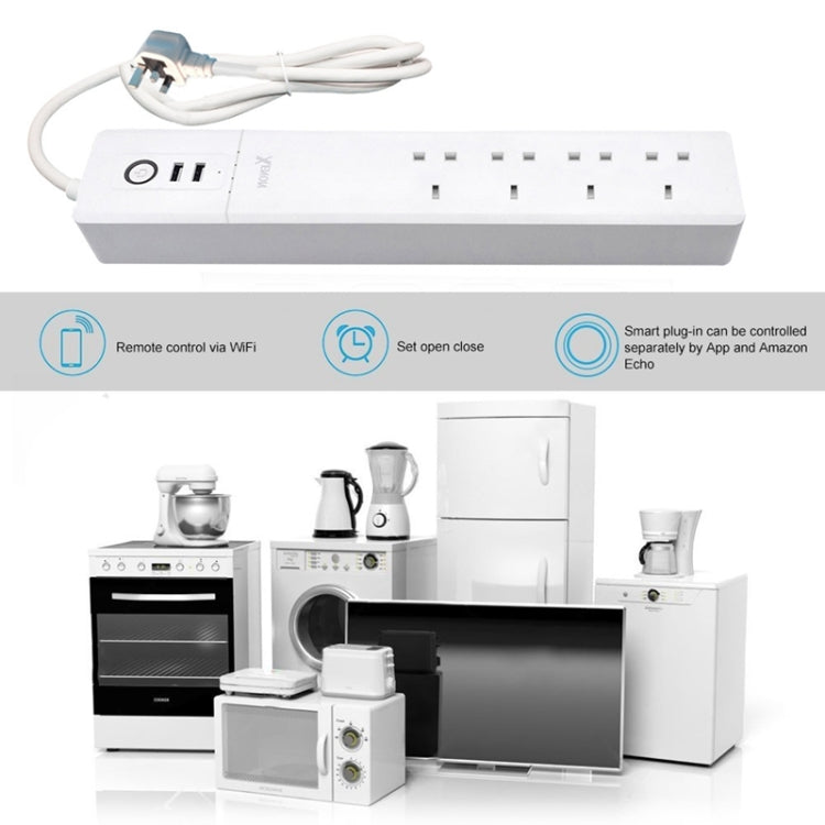 Ổ cắm điện thông minh điều khiển từ xa WiFi 2 cổng USB + 4 phích cắm UK, hoạt động với Alexa & Google Home, chiều dài cáp: 1.8m, AC 90-265V, phích cắm UK, 4xUSB + 3x phích cắm UK (phích cắm UK)