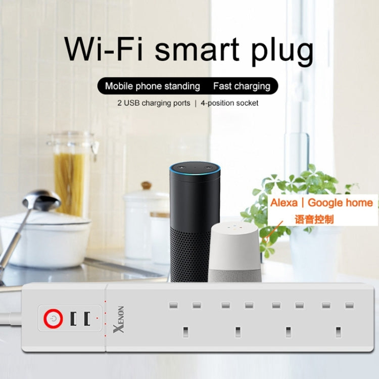 Ổ cắm điện thông minh điều khiển từ xa WiFi 2 cổng USB + 4 phích cắm UK, hoạt động với Alexa & Google Home, chiều dài cáp: 1.8m, AC 90-265V, phích cắm UK, 4xUSB + 3x phích cắm UK (phích cắm UK)
