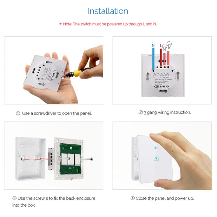 Công tắc tường thông minh bảng kính cường lực 3 gang WS-EU-03 điều khiển qua ứng dụng EWeLink & cảm ứng 2A, AC 90V-250V, phích cắm EU, 3 gang