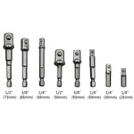 Bộ 8 thanh nối đầu khẩu, adapter lục giác, mũi khoan bắt ốc vít, 1/4(65/50/30/25mm), 3/8(65/50mm), 1/2(73/50mm), bộ 8 chi tiết dài 65-73mm