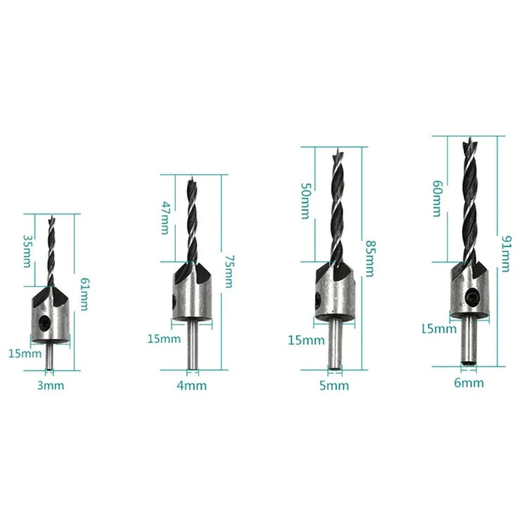 Bộ mũi khoan thép tốc độ cao 4 trong 1 cho mộc, khoét lỗ ba điểm, 3-6mm, 4 cái/bộ