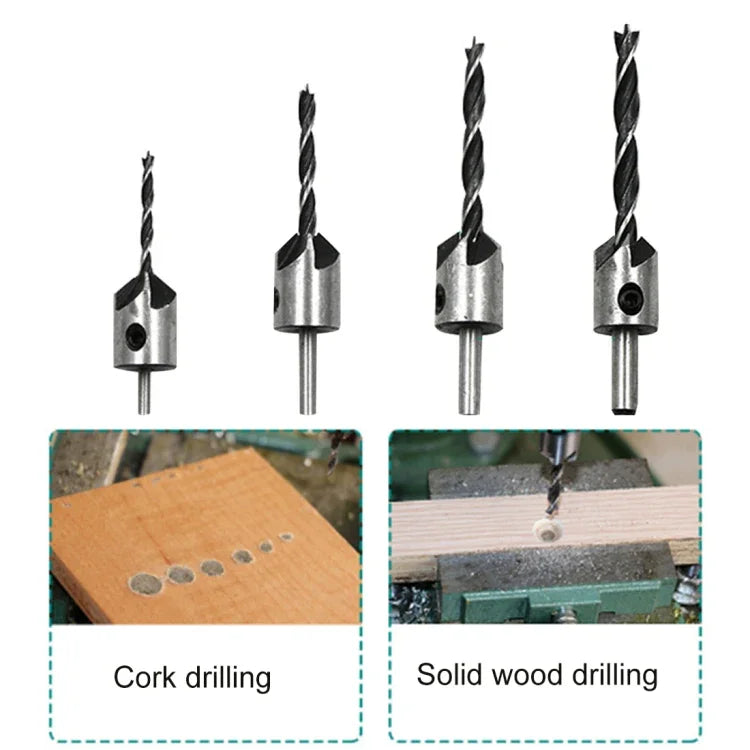 Bộ mũi khoan thép tốc độ cao 4 trong 1 cho mộc, khoét lỗ ba điểm, 3-6mm, 4 cái/bộ