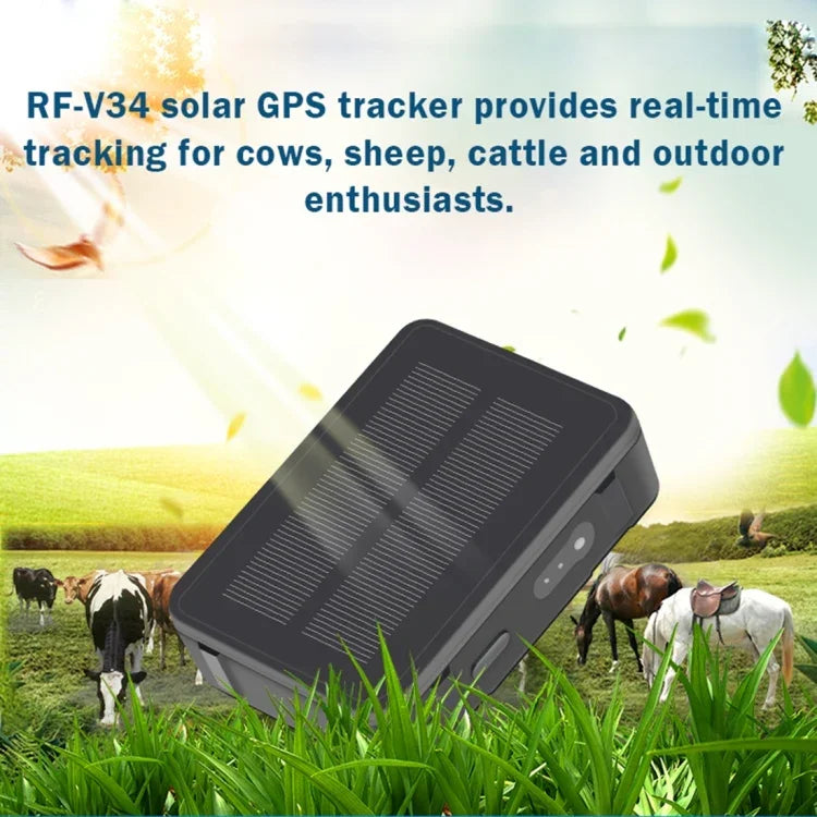 RF-V34 Định vị năng lượng mặt trời chống nước IP67 cho cừu, bò, gia súc không có đế cố định, Hỗ trợ giám sát giọng nói & Báo động chống tháo & SOS, Định vị GPS WiFi
