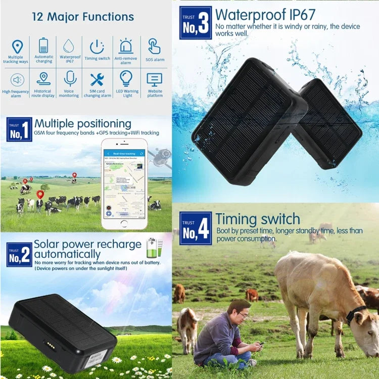 RF-V34 Định vị năng lượng mặt trời chống nước IP67 cho cừu, bò, gia súc không có đế cố định, Hỗ trợ giám sát giọng nói & Báo động chống tháo & SOS, Định vị GPS WiFi